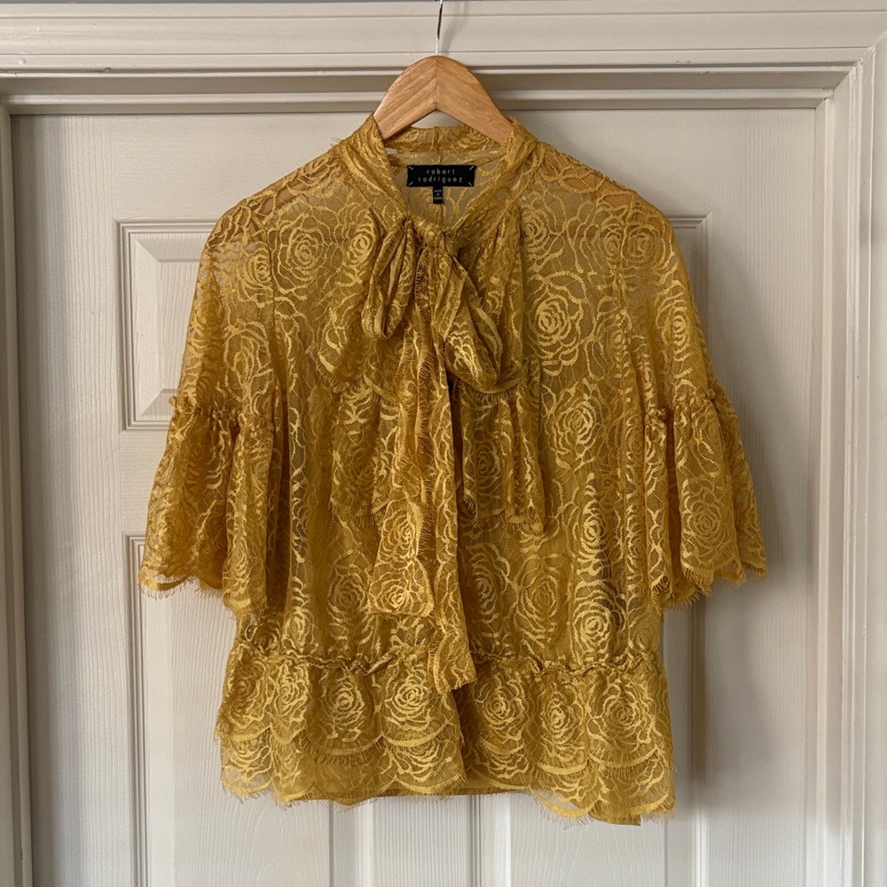 Robert Rodriguez Mustard Yellow Lace Blouse with Bow and Matching Camisole